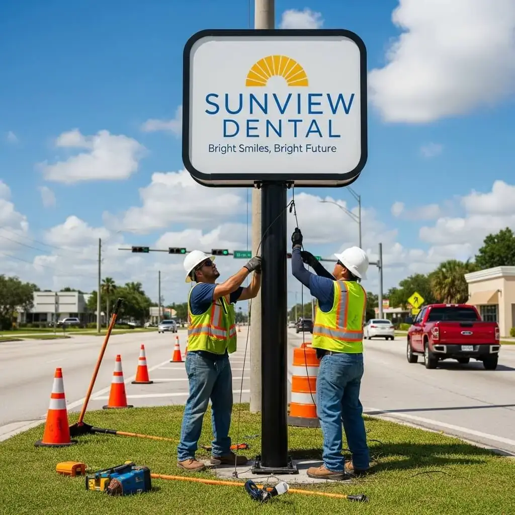 Two workers installing sign in Tampa Bay