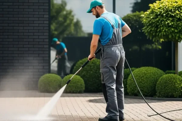 Worker pressure washing in Tampa